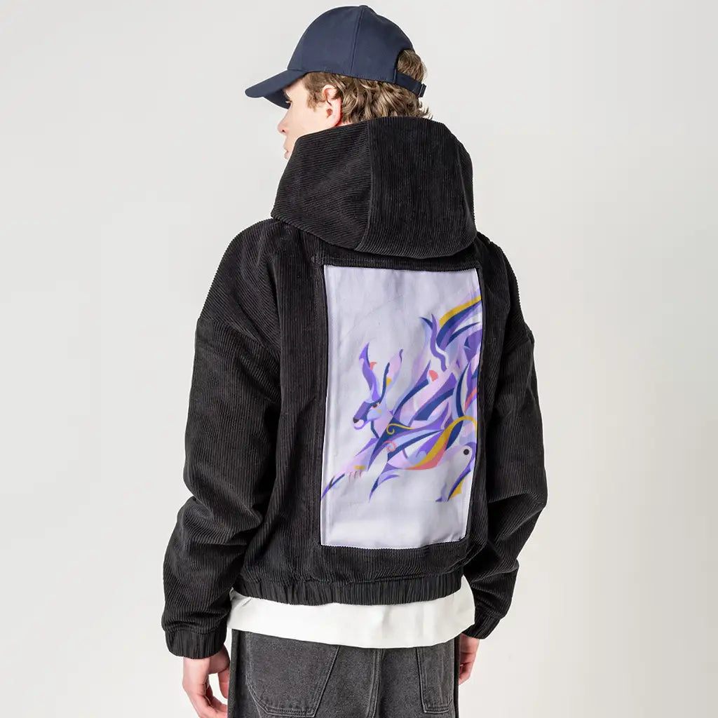 etherealhare patch on male retro cord hoodie in onyx