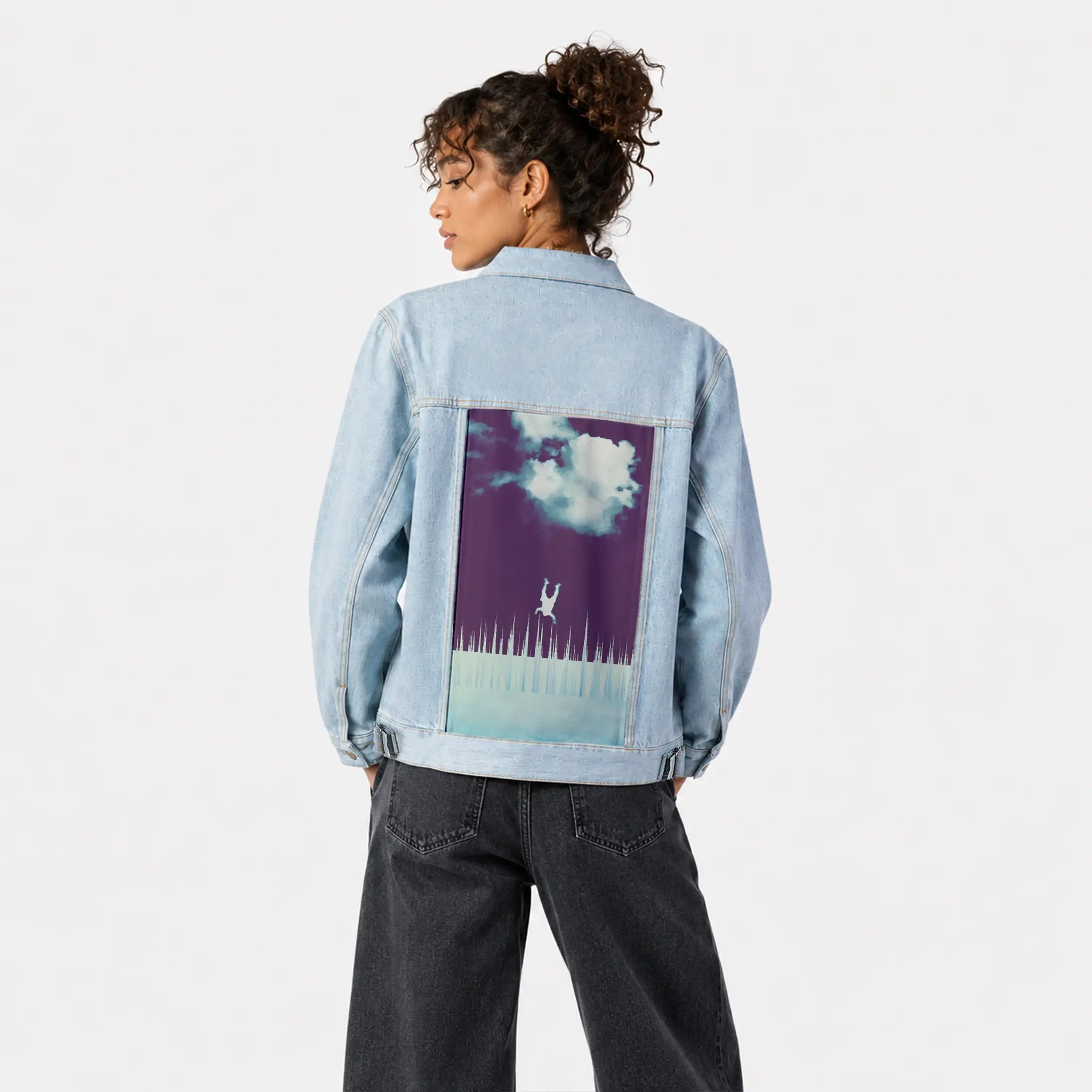 everytimeidreamoffalling patch on female og denim jacket in oceanside