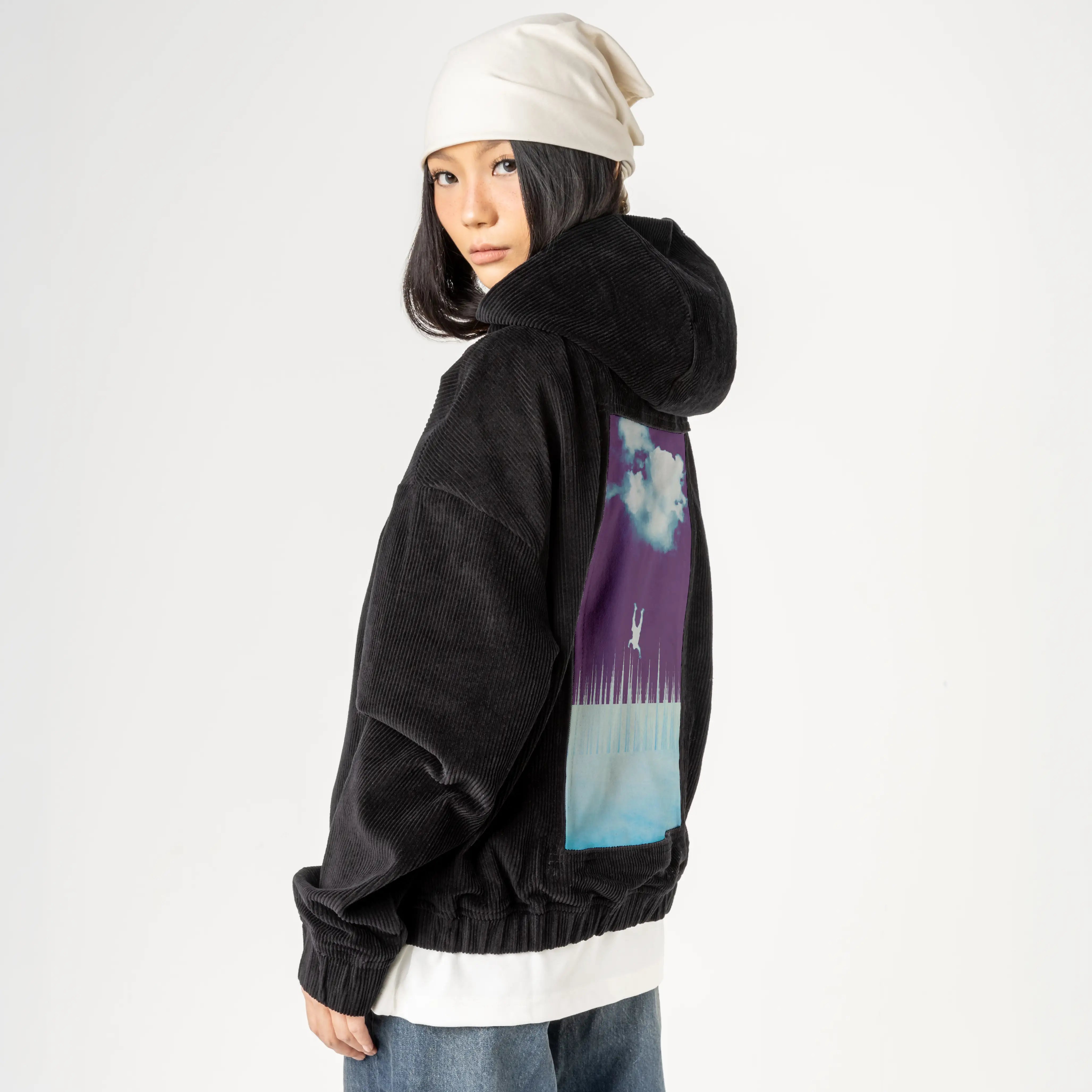 everytimeidreamoffalling patch on female retro cord hoodie in onyx