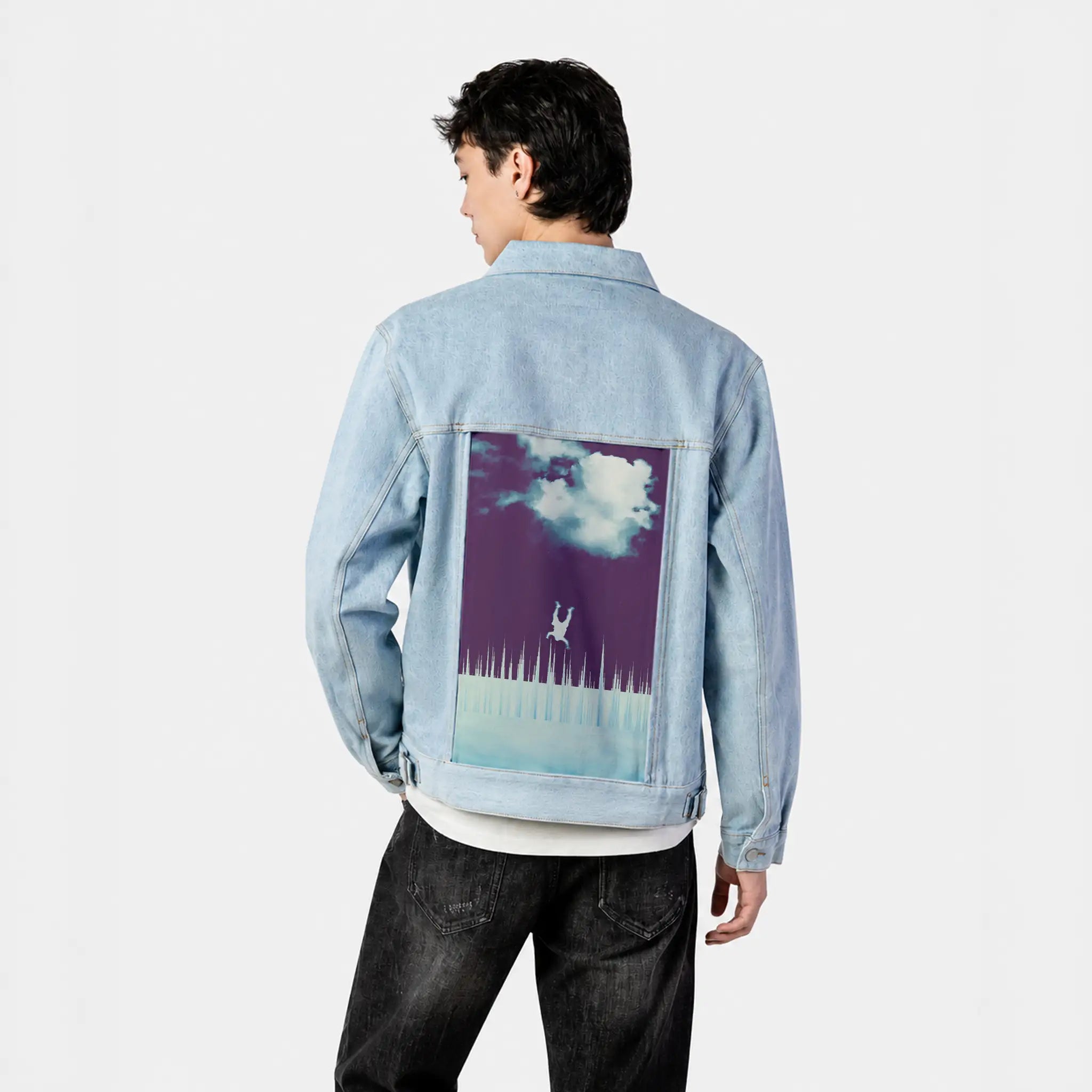 everytimeidreamoffalling patch on male og denim jacket in oceanside