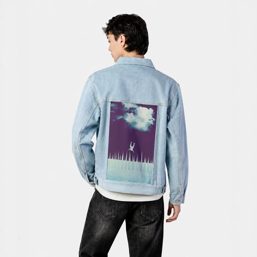 everytimeidreamoffalling patch on male og denim jacket in oceanside