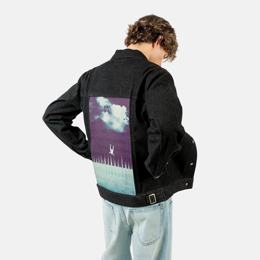 everytimeidreamoffalling patch on male og denim jacket in raven