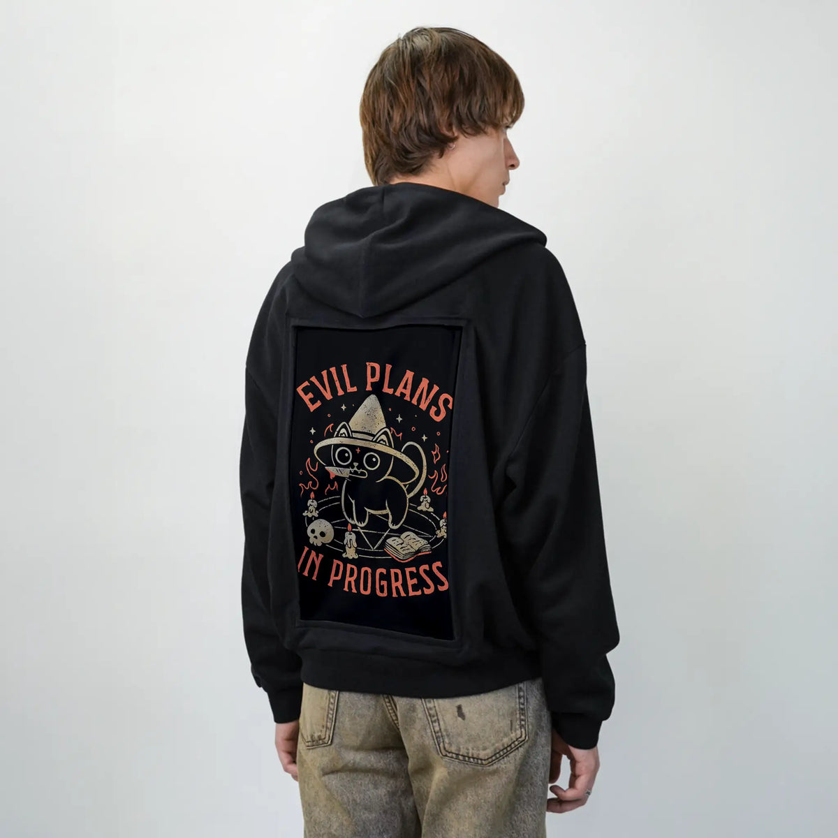 evilcatplans patch on male essential zip hoodie in after hours