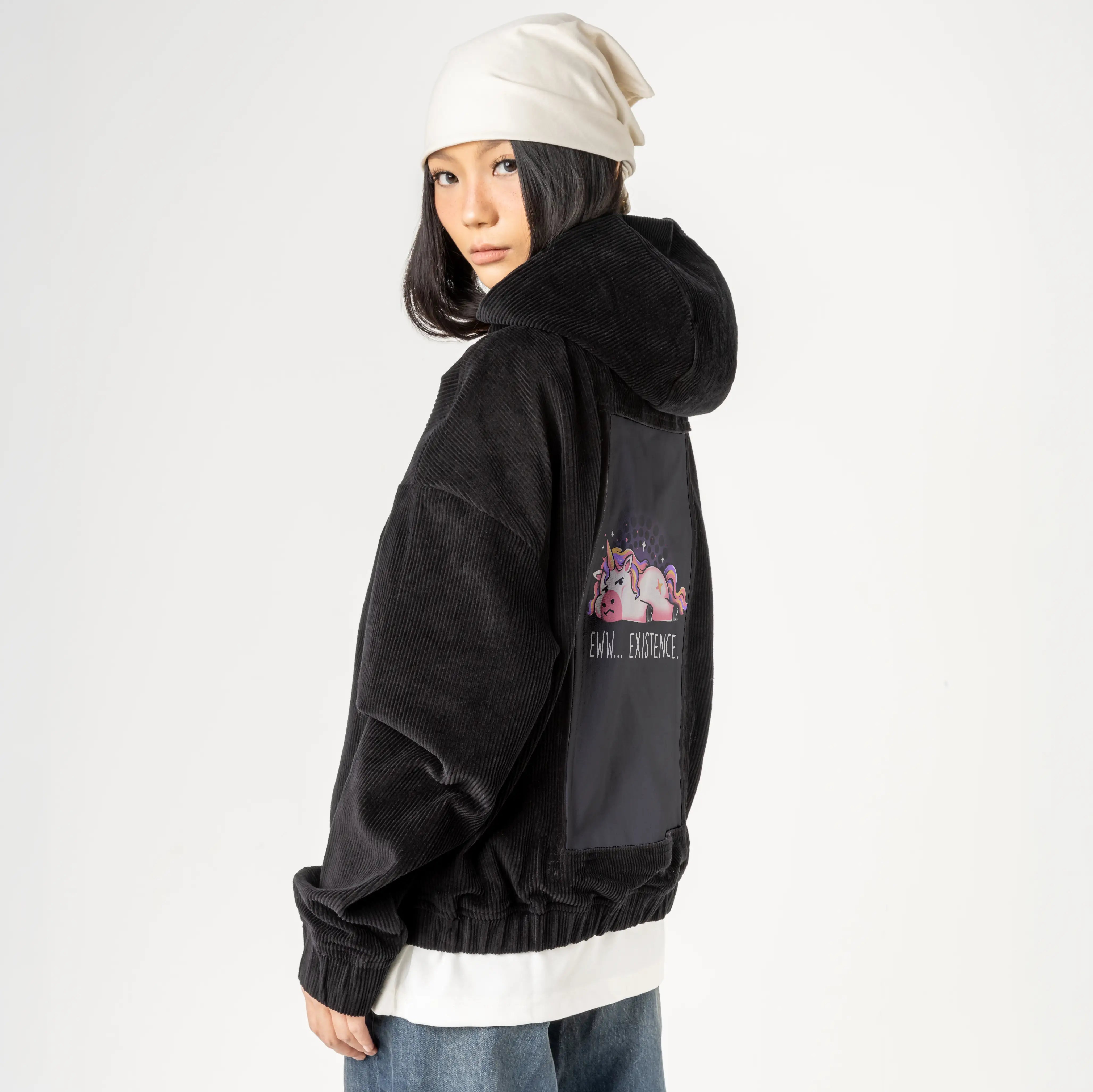 ewwexistence patch on female retro cord hoodie in onyx