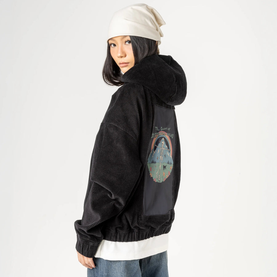 existentialdread patch on female retro cord hoodie in onyx
