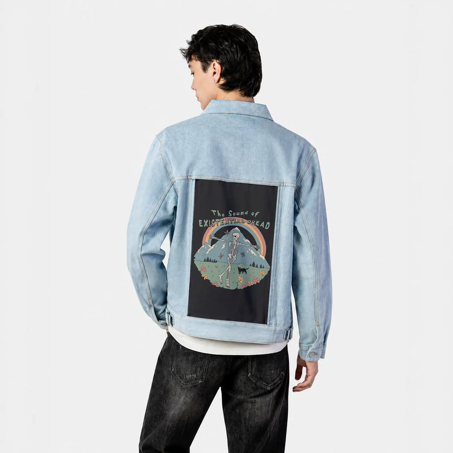 existentialdread patch on male og denim jacket in oceanside