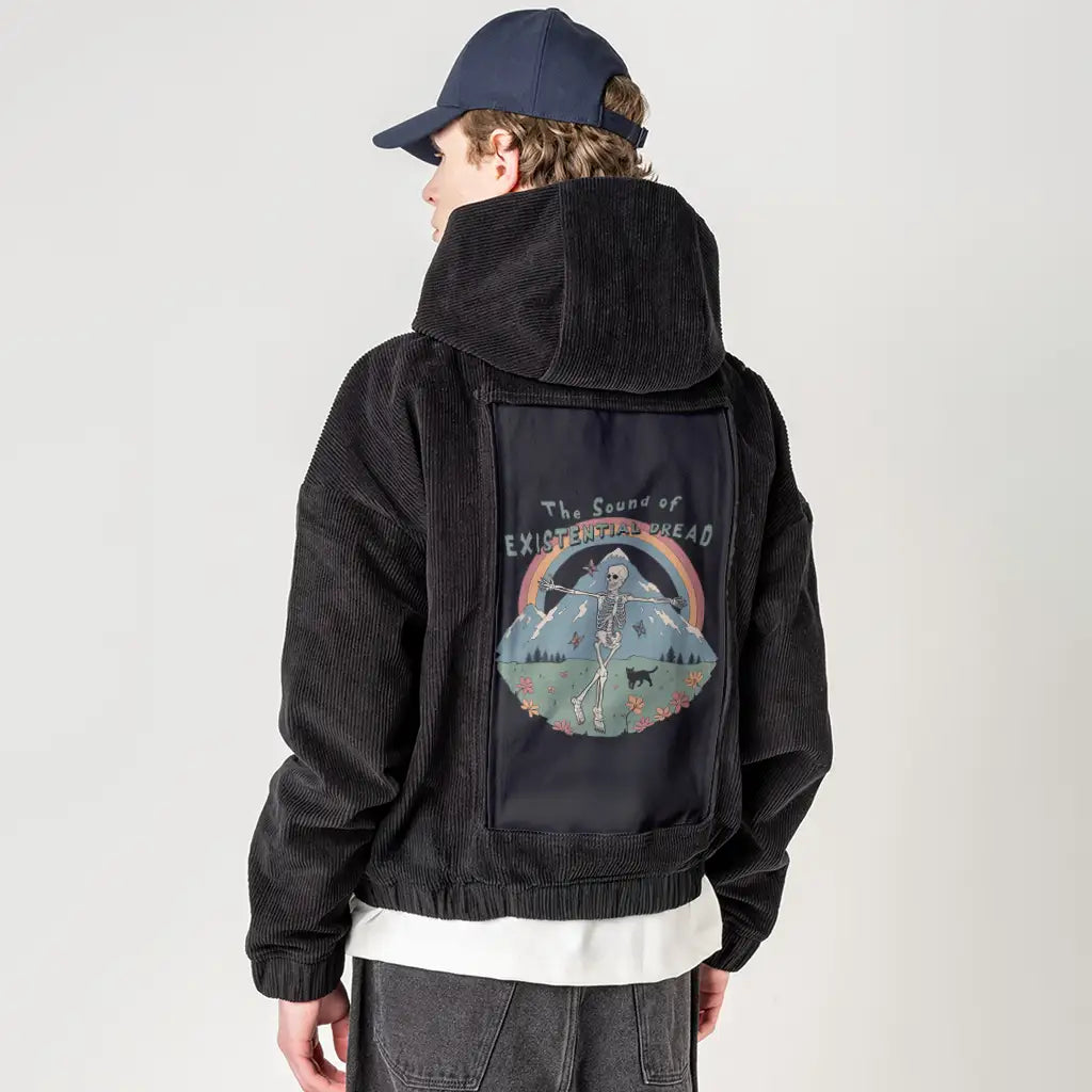 existentialdread patch on male retro cord hoodie in onyx