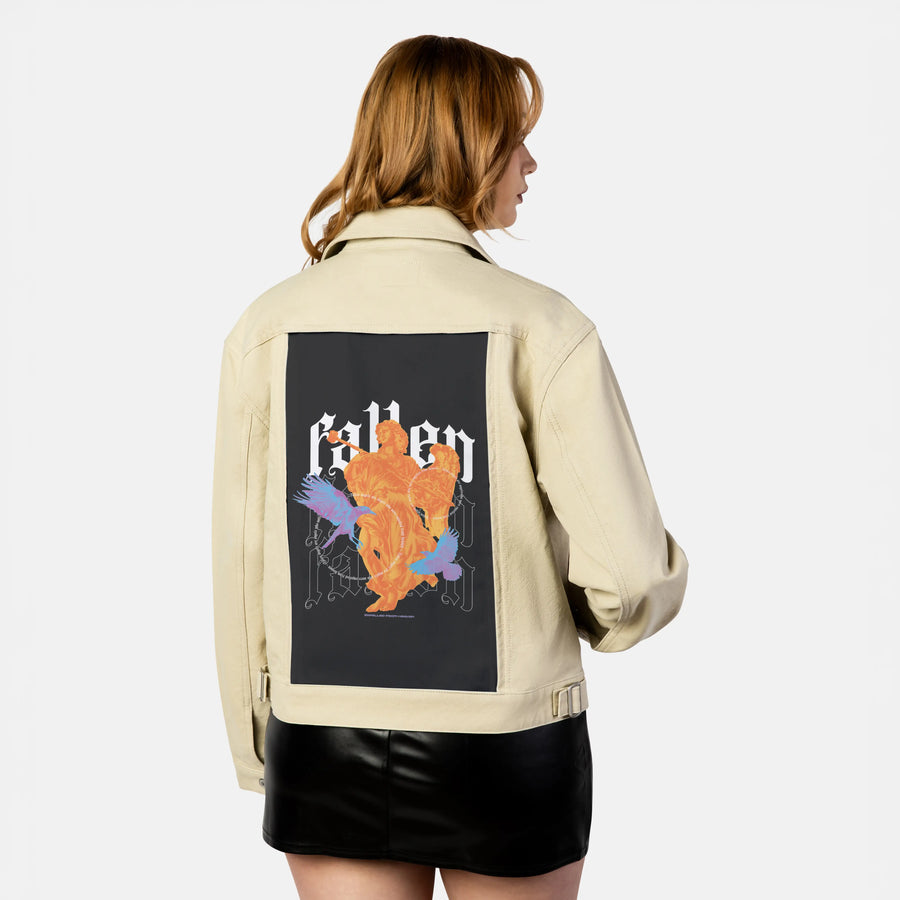 expelledfromheaven patch on female atelier canvas jacket in tan