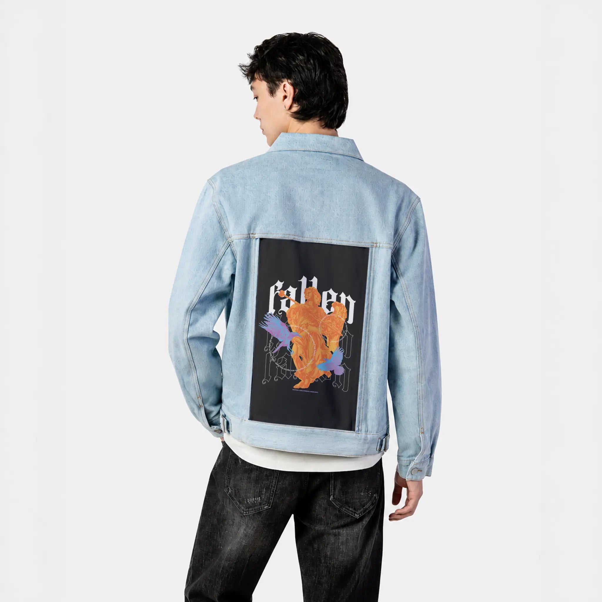 expelledfromheaven patch on male og denim jacket in oceanside