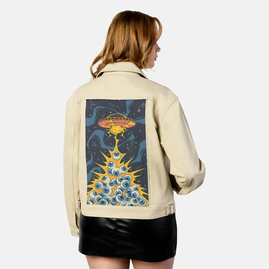 eyewanttobelieve patch on female atelier canvas jacket in tan