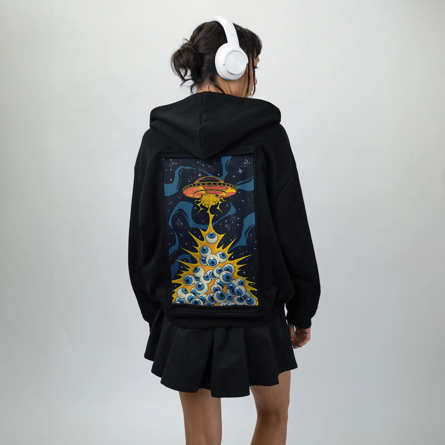 eyewanttobelieve patch on female essential zip hoodie in after hours