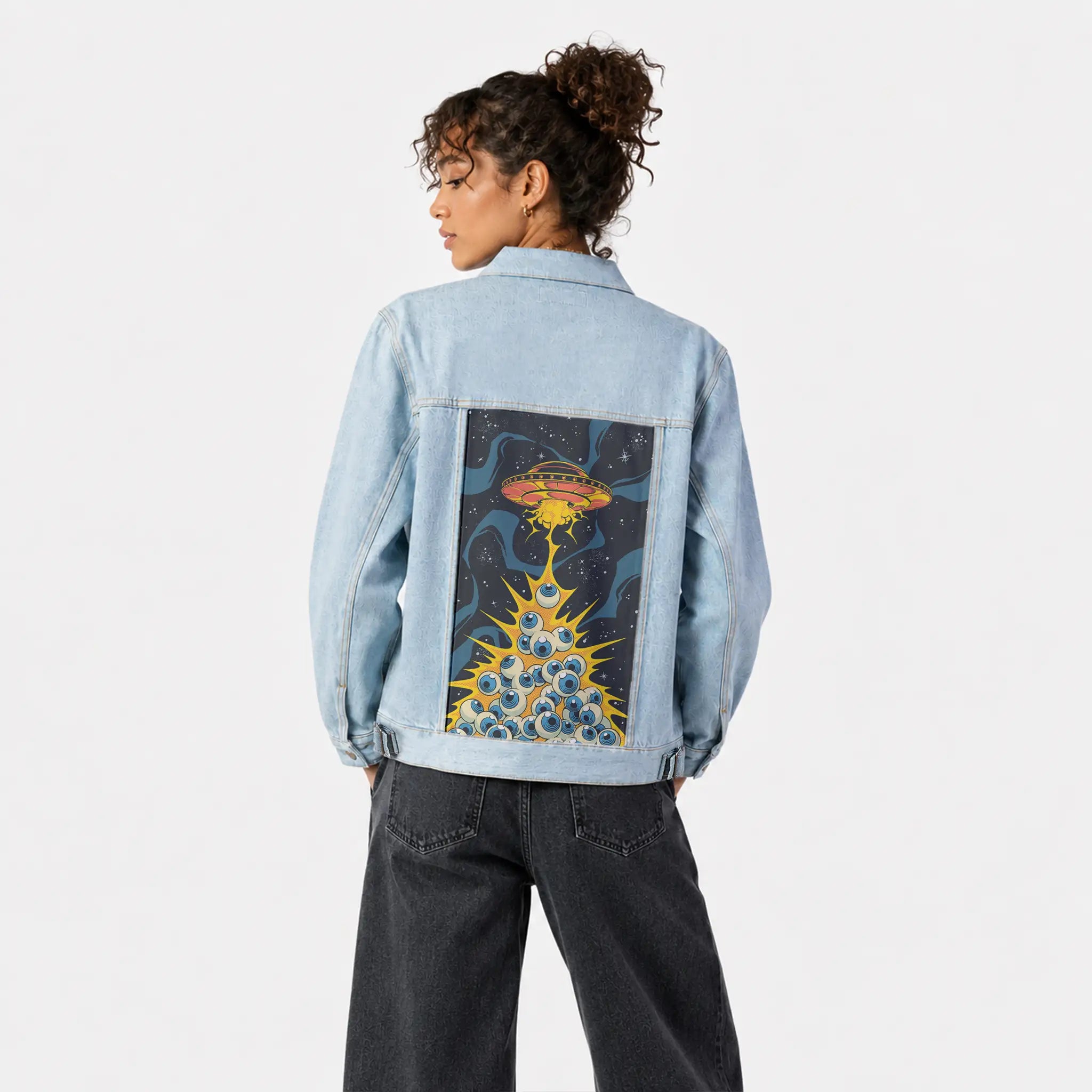 eyewanttobelieve patch on female og denim jacket in oceanside