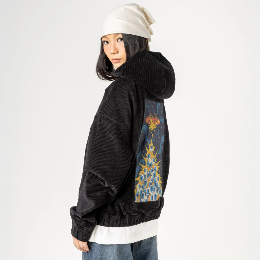eyewanttobelieve patch on female retro cord hoodie in onyx