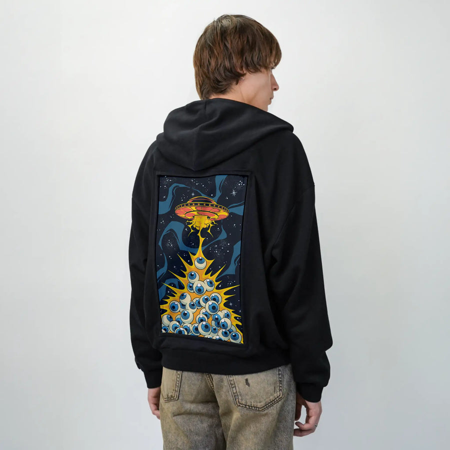 eyewanttobelieve patch on male essential zip hoodie in after hours