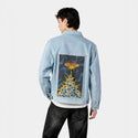 eyewanttobelieve patch on male og denim jacket in oceanside