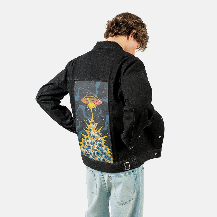 eyewanttobelieve patch on male og denim jacket in raven