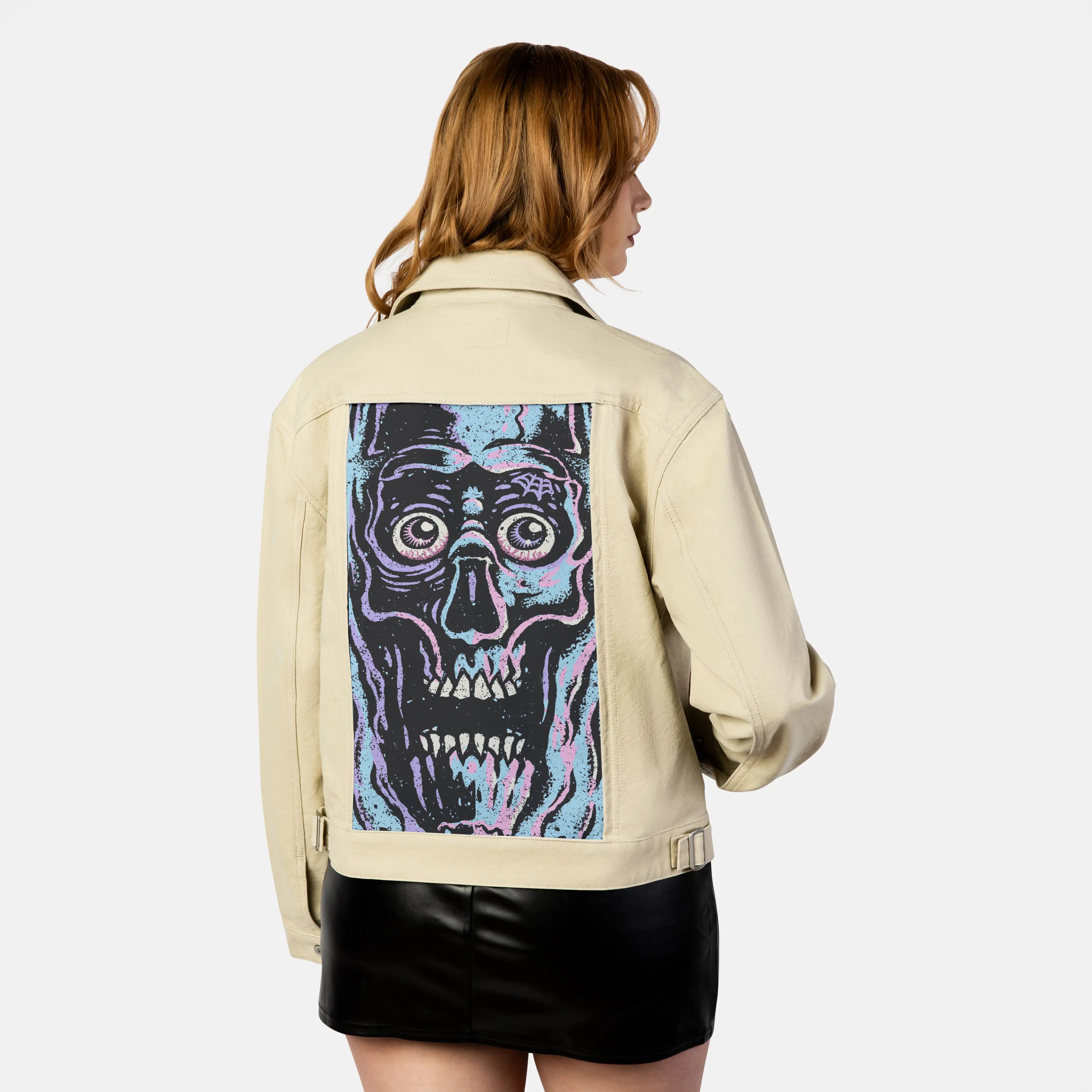 facemelter patch on female atelier canvas jacket in tan