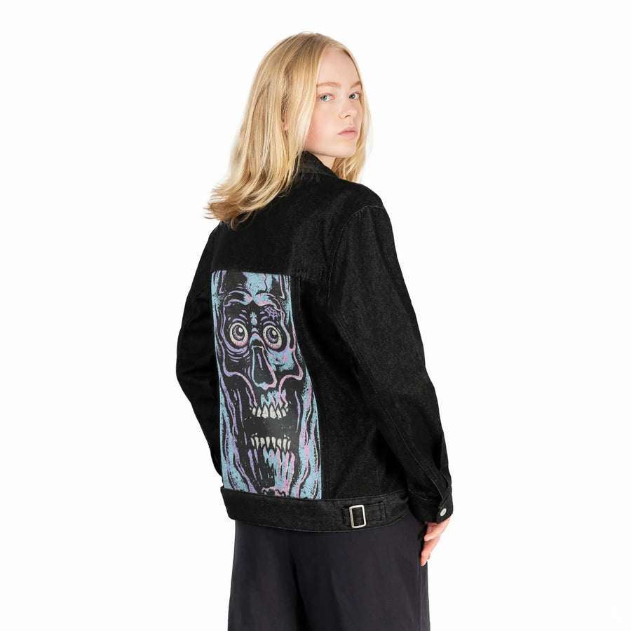 facemelter patch on female og denim jacket in raven