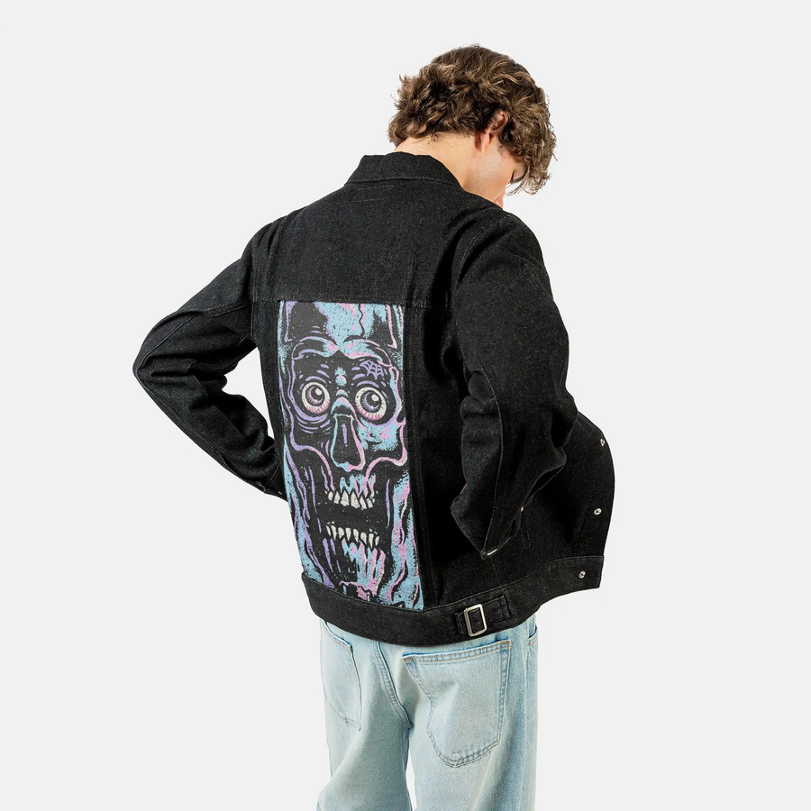 facemelter patch on male og denim jacket in raven