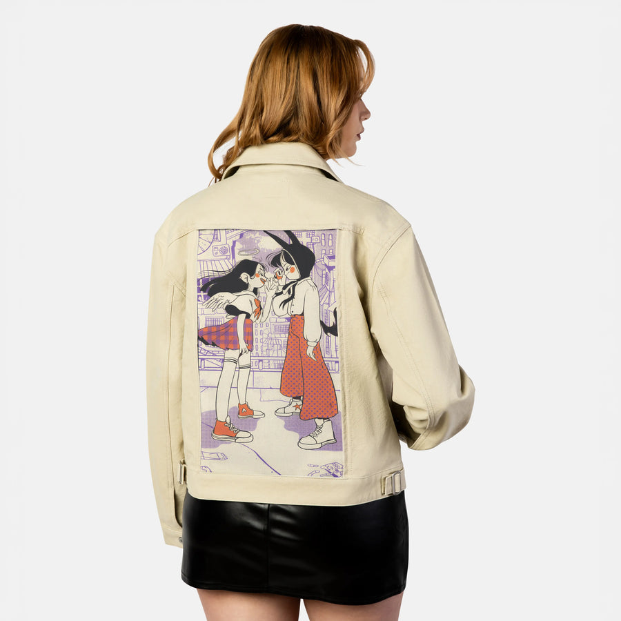 faceoff patch on female atelier canvas jacket in tan