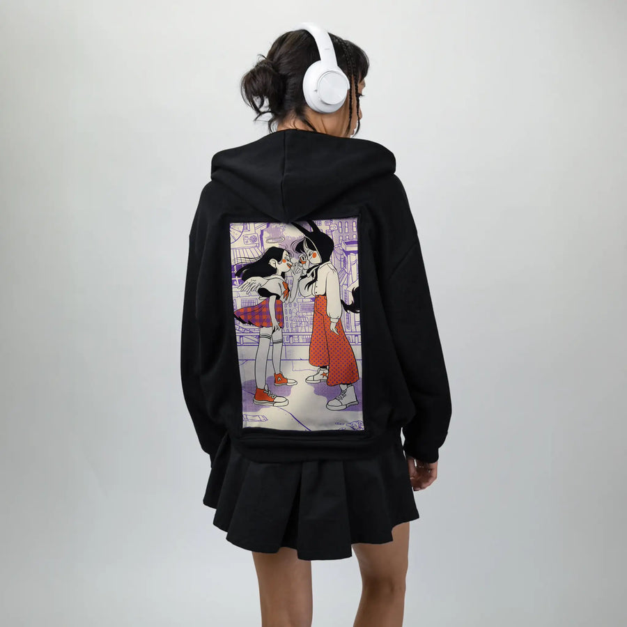 faceoff patch on female essential zip hoodie in after hours