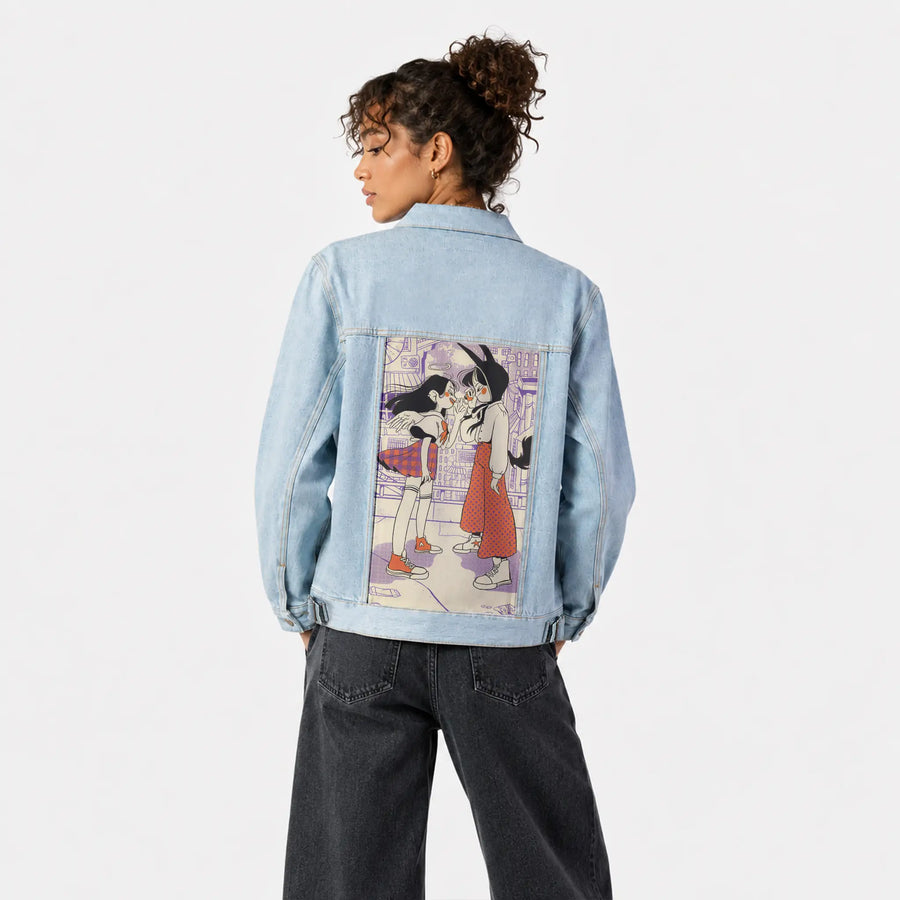 faceoff patch on female og denim jacket in oceanside