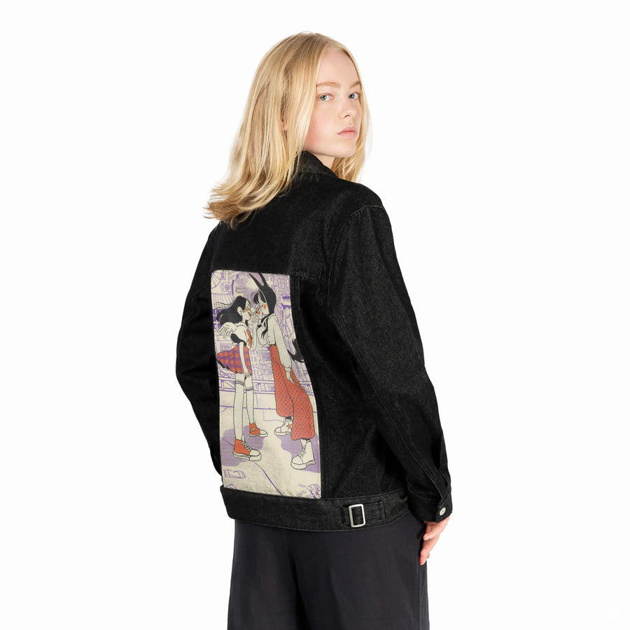 faceoff patch on female og denim jacket in raven
