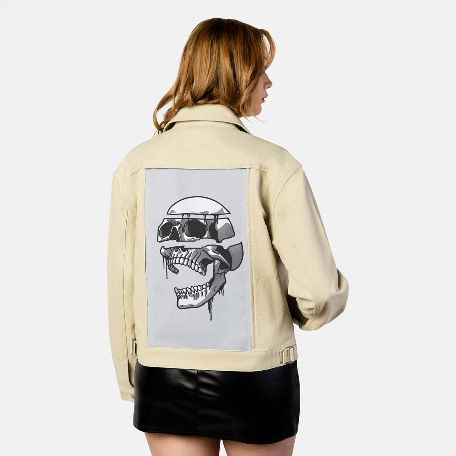 fallingapart patch on female atelier canvas jacket in tan