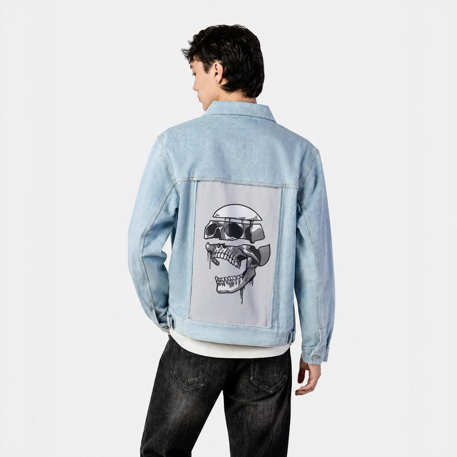 fallingapart patch on male og denim jacket in oceanside