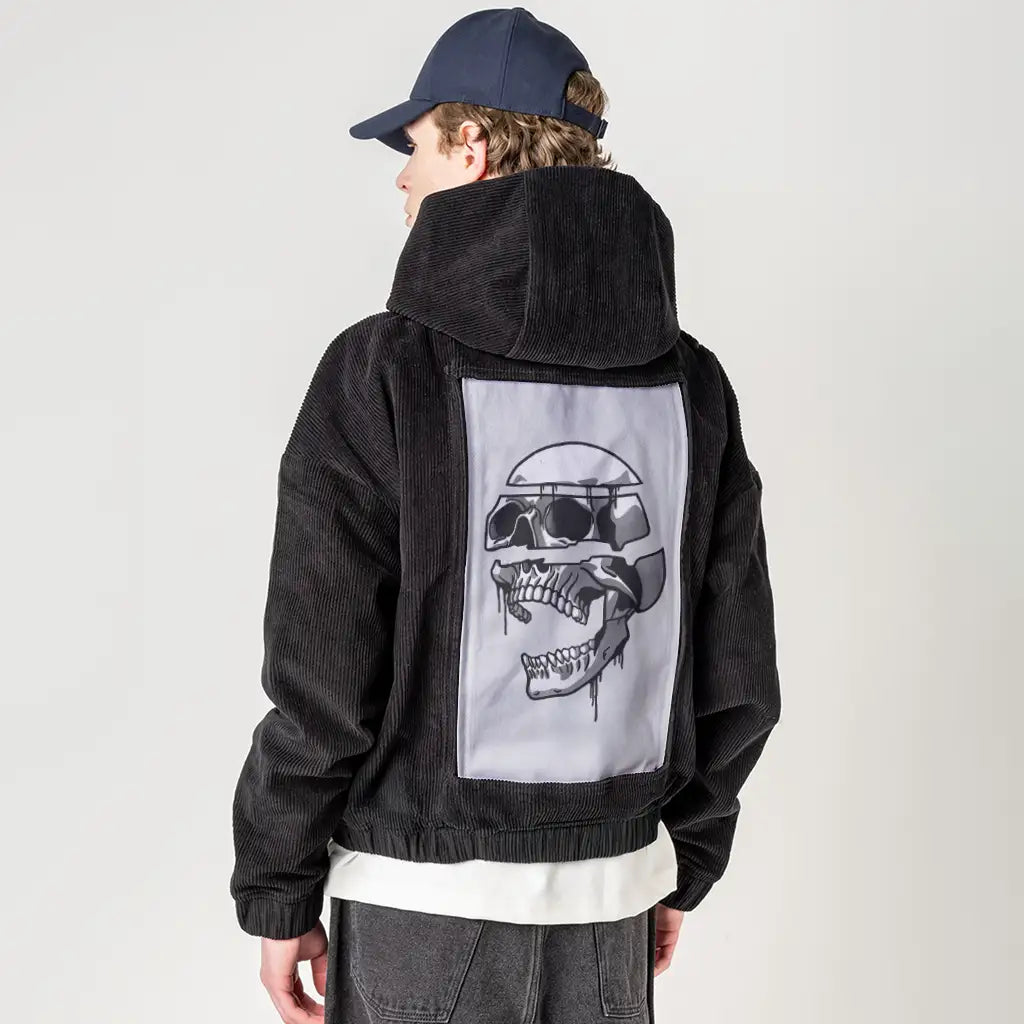 fallingapart patch on male retro cord hoodie in onyx