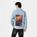 faraway patch on male og denim jacket in oceanside