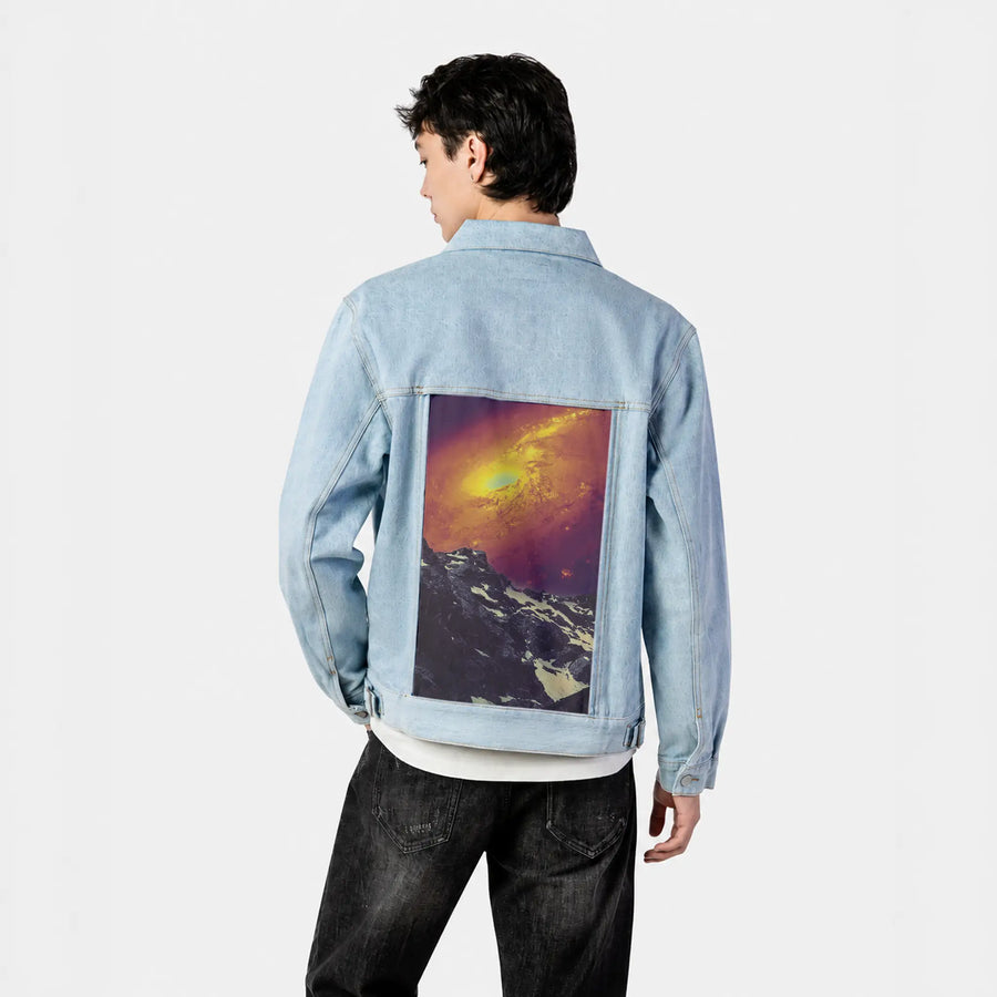 faraway patch on male og denim jacket in oceanside