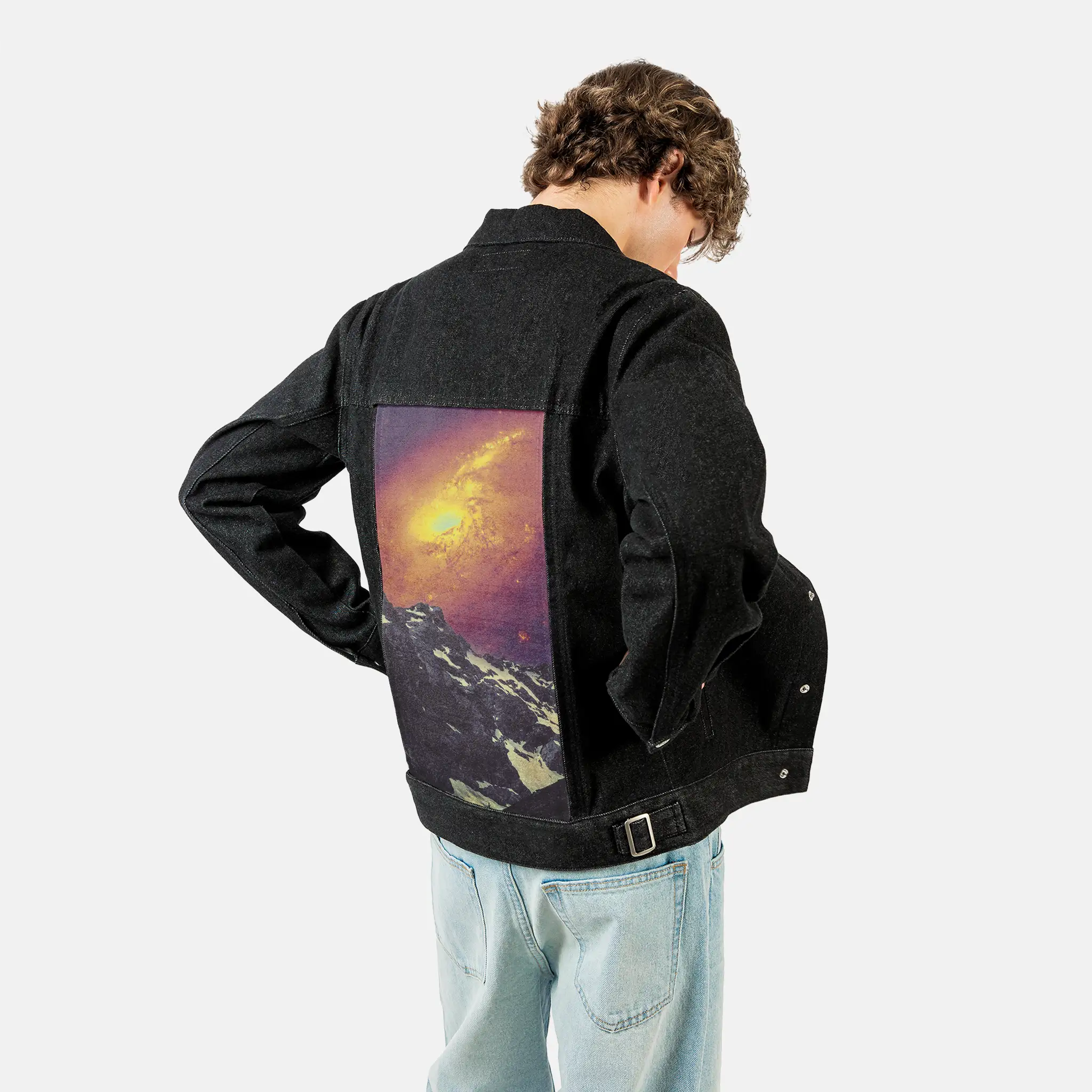 faraway patch on male og denim jacket in raven