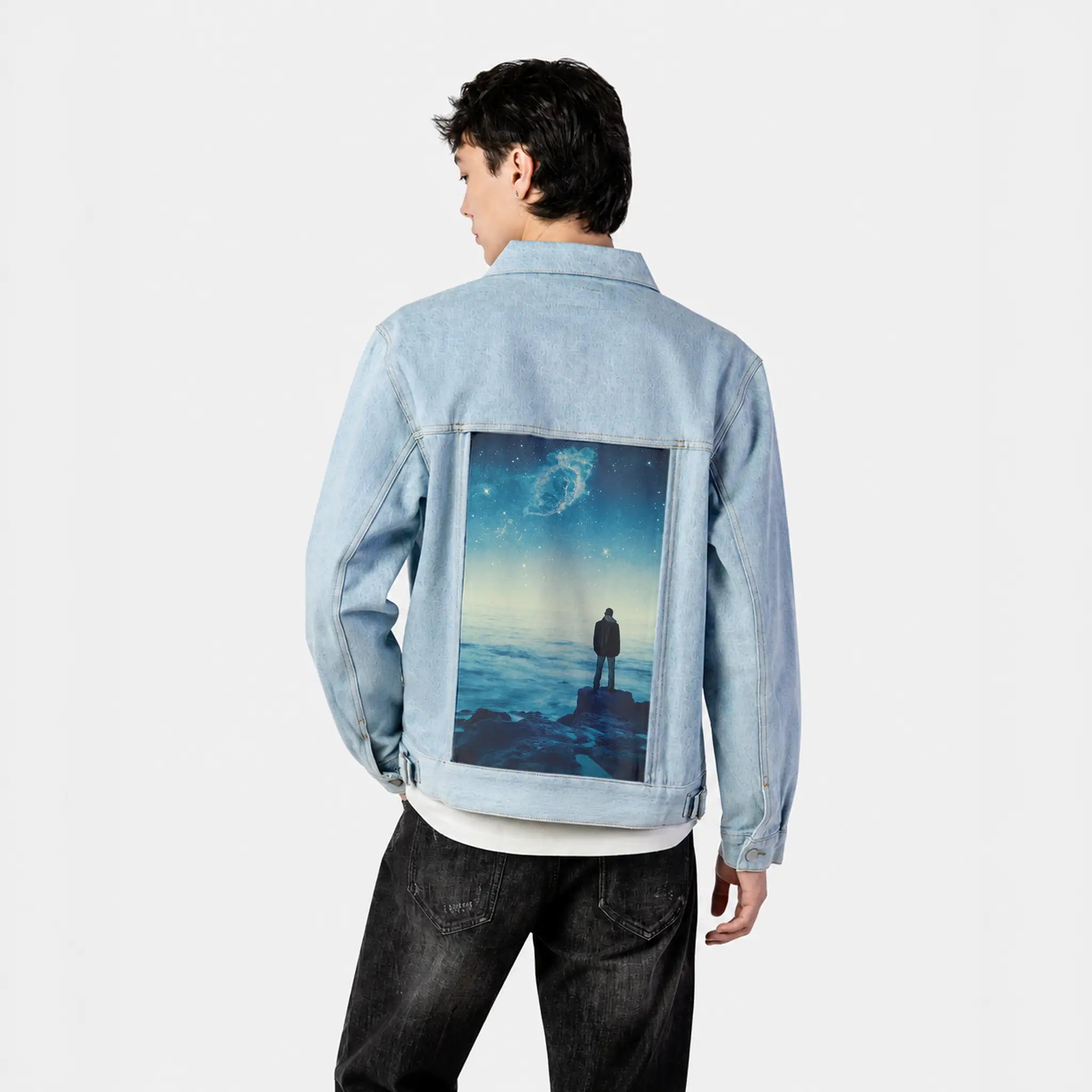 fargalaxy patch on male og denim jacket in oceanside