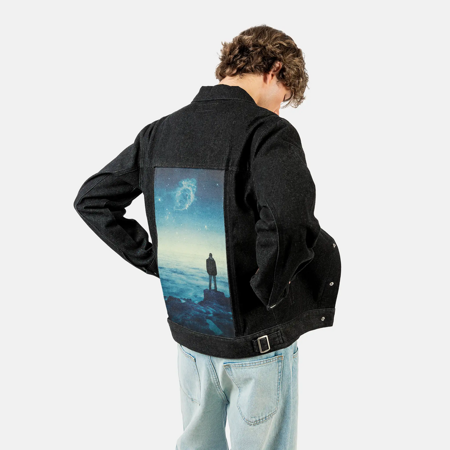 fargalaxy patch on male og denim jacket in raven