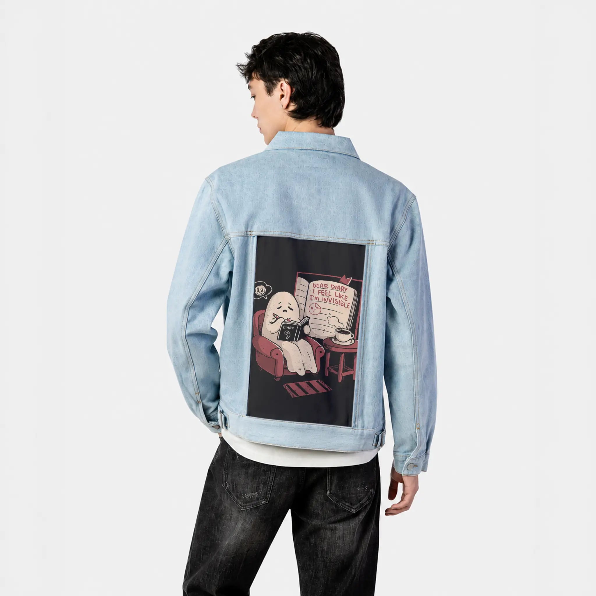 feelinginvisible patch on male og denim jacket in oceanside