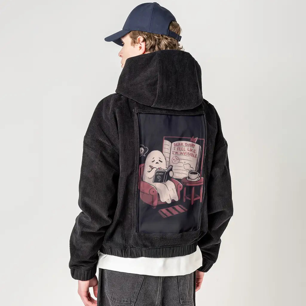 feelinginvisible patch on male retro cord hoodie in onyx