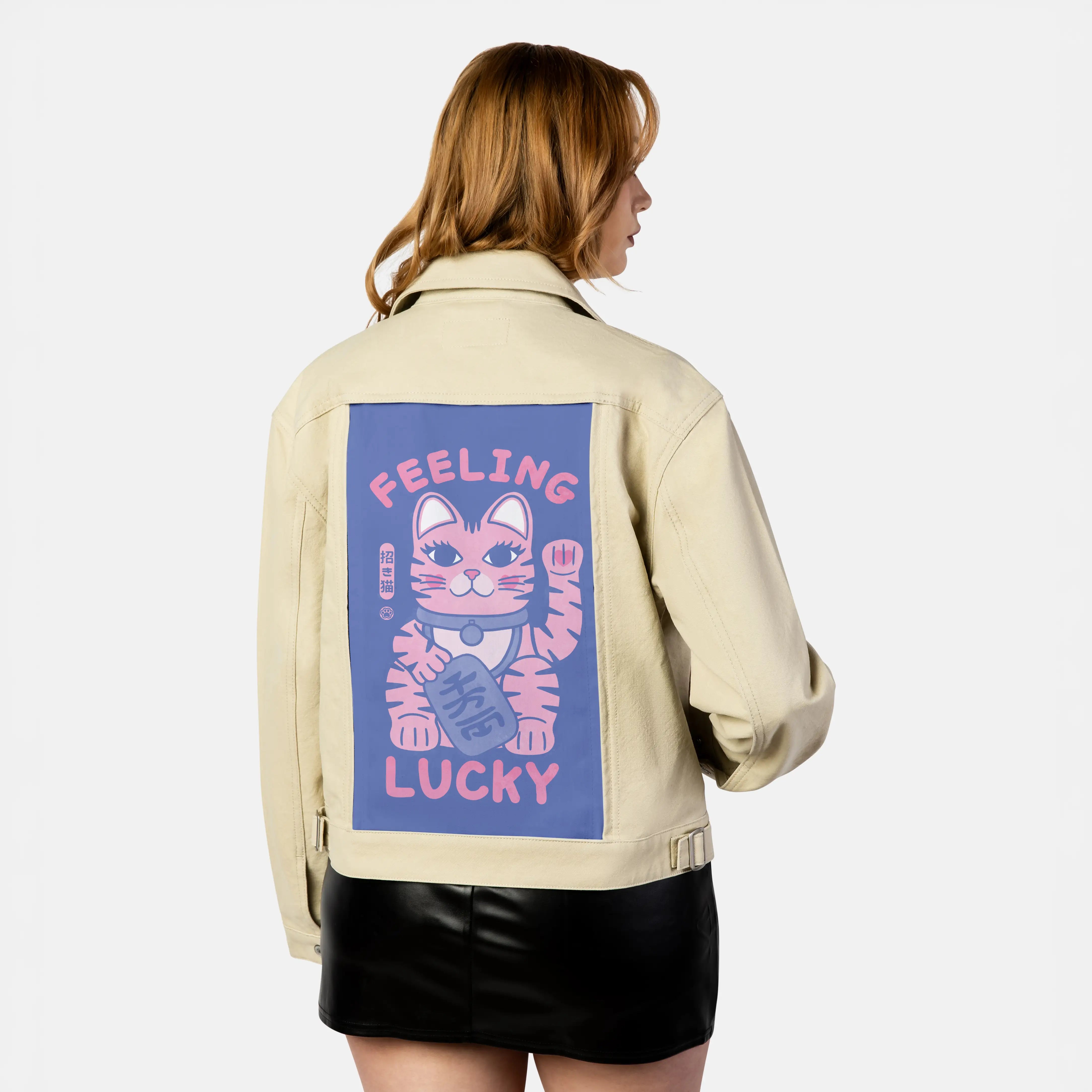 feelinglucky patch on female atelier canvas jacket in tan