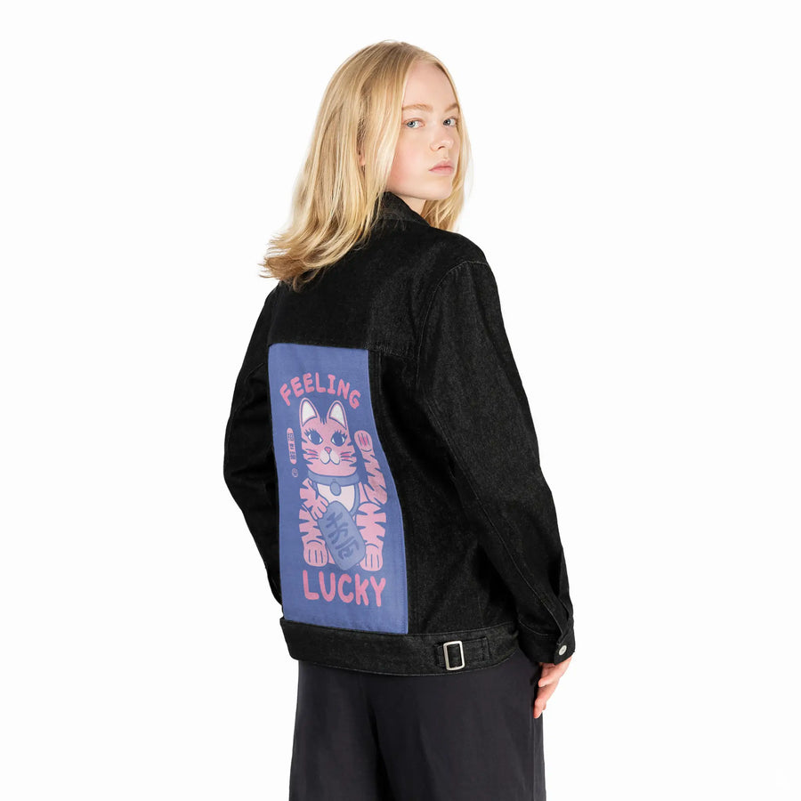 feelinglucky patch on female og denim jacket in raven