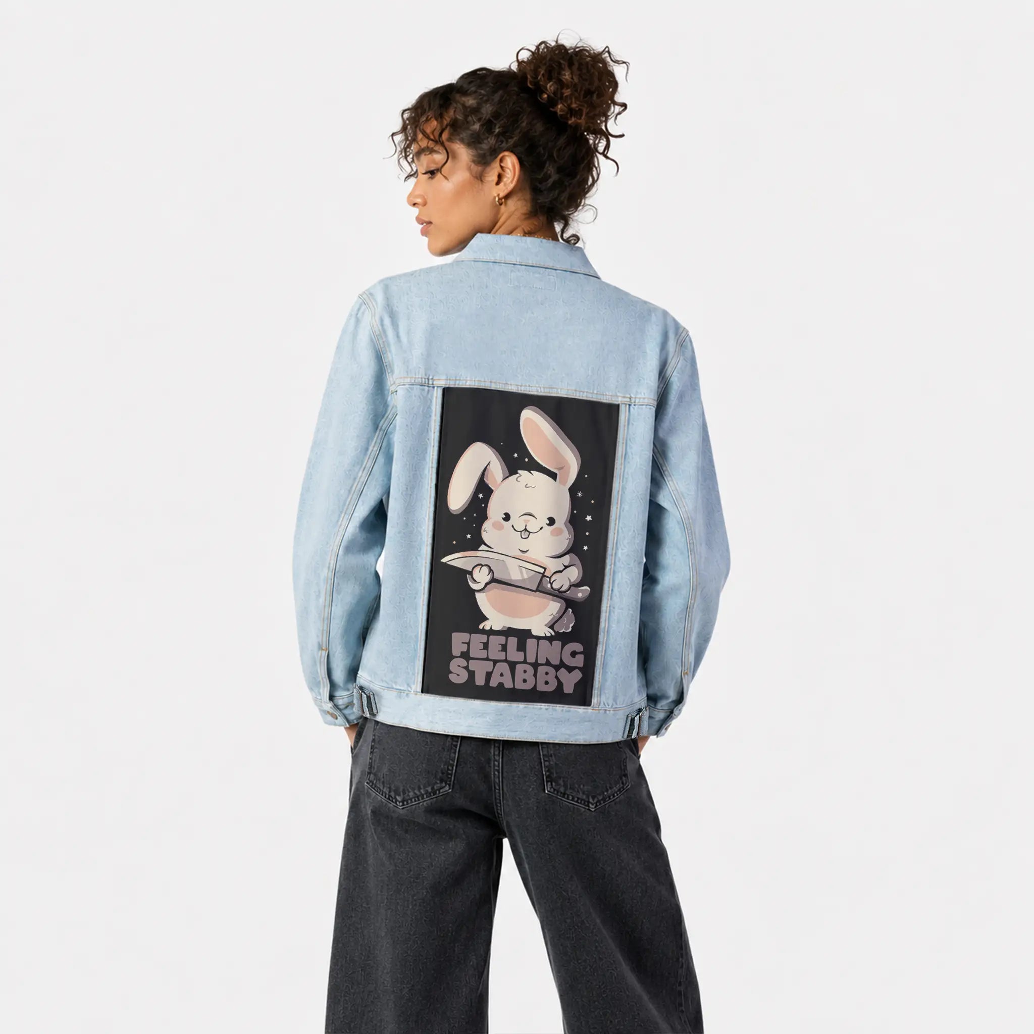 feelingstabby patch on female og denim jacket in oceanside