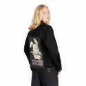 feelingstabby patch on female og denim jacket in raven