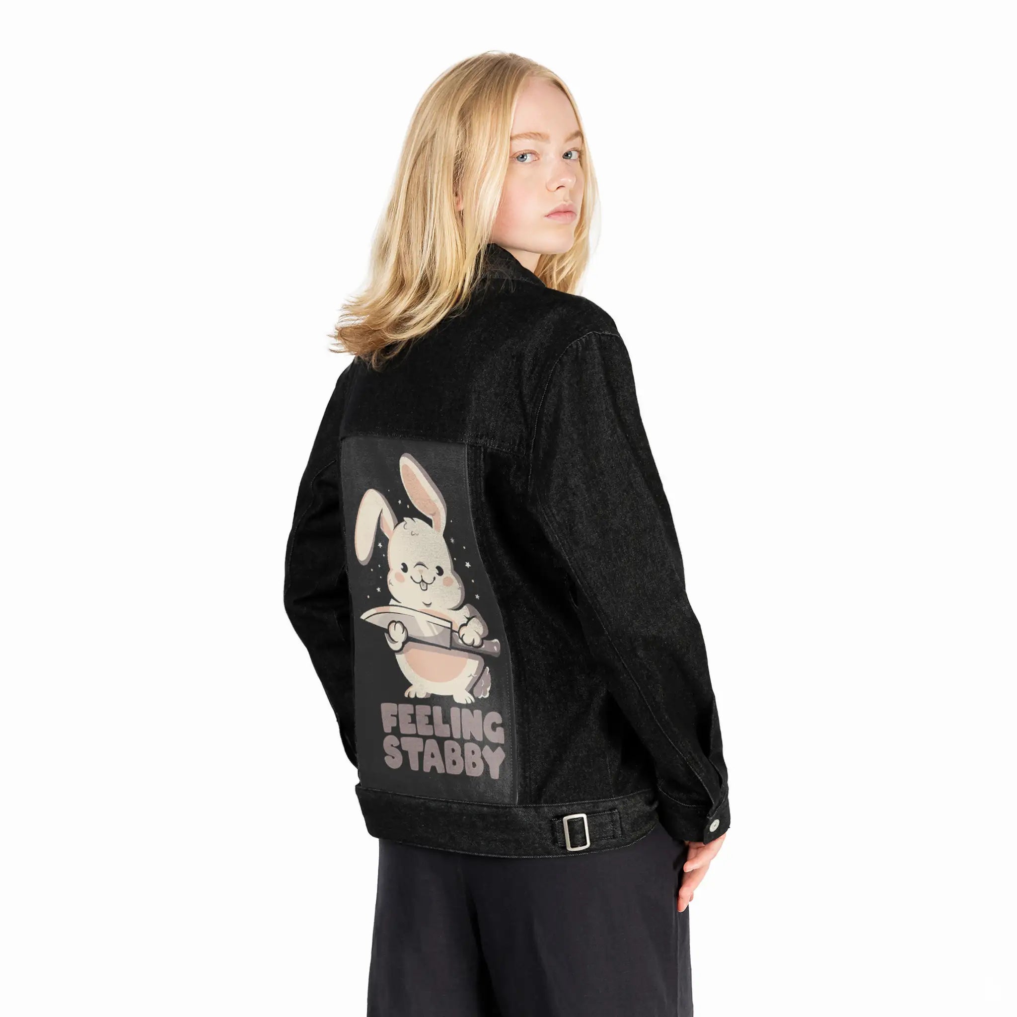feelingstabby patch on female og denim jacket in raven