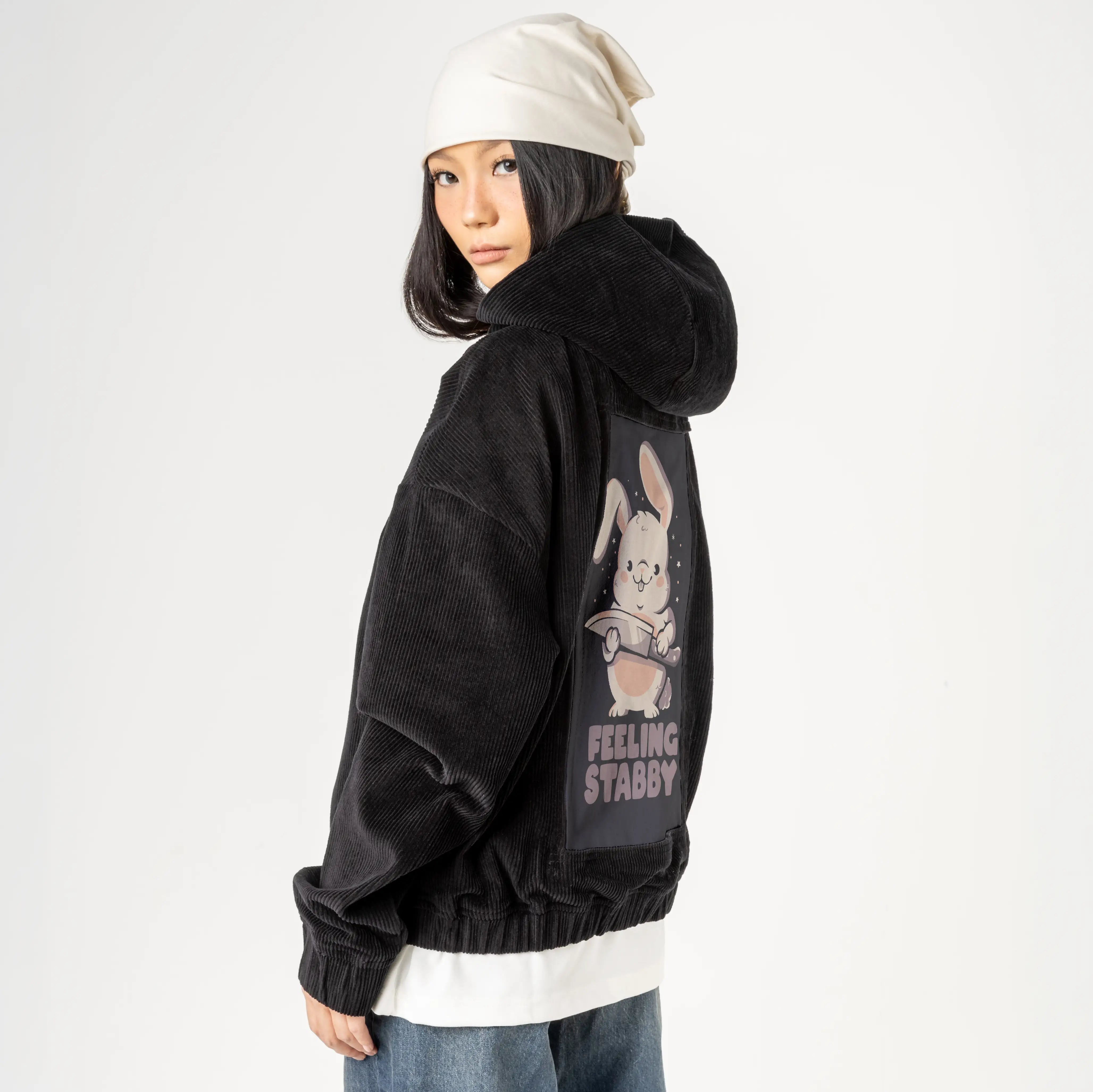 feelingstabby patch on female retro cord hoodie in onyx