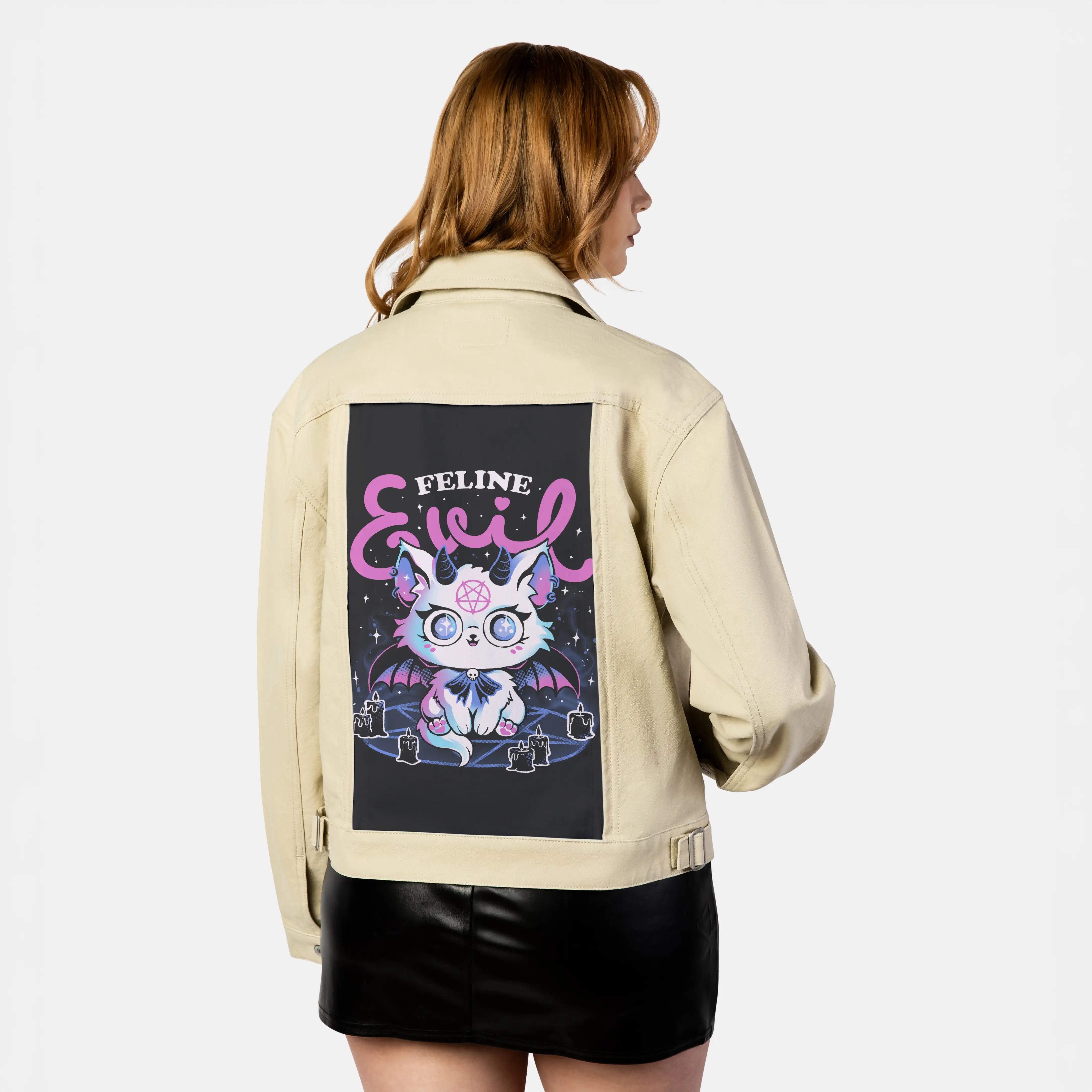 felineevil patch on female atelier canvas jacket in tan