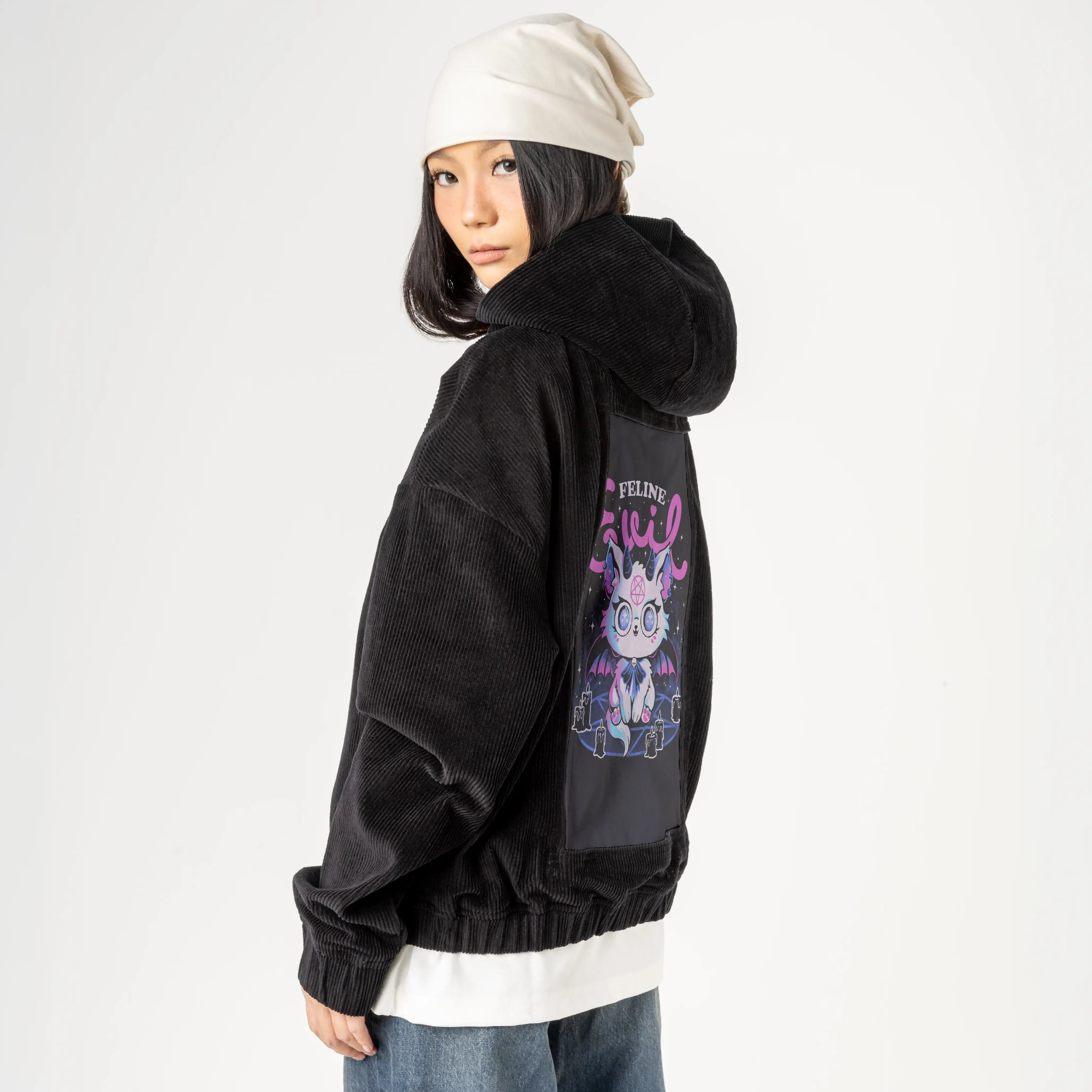felineevil patch on female retro cord hoodie in onyx