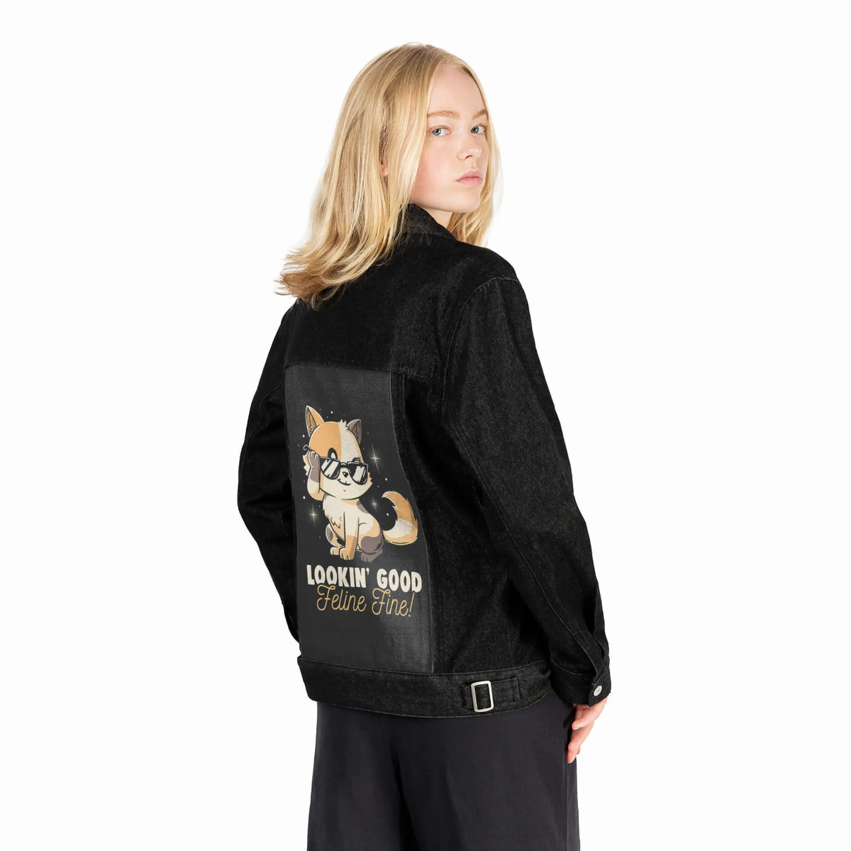 felinefine patch on female og denim jacket in raven