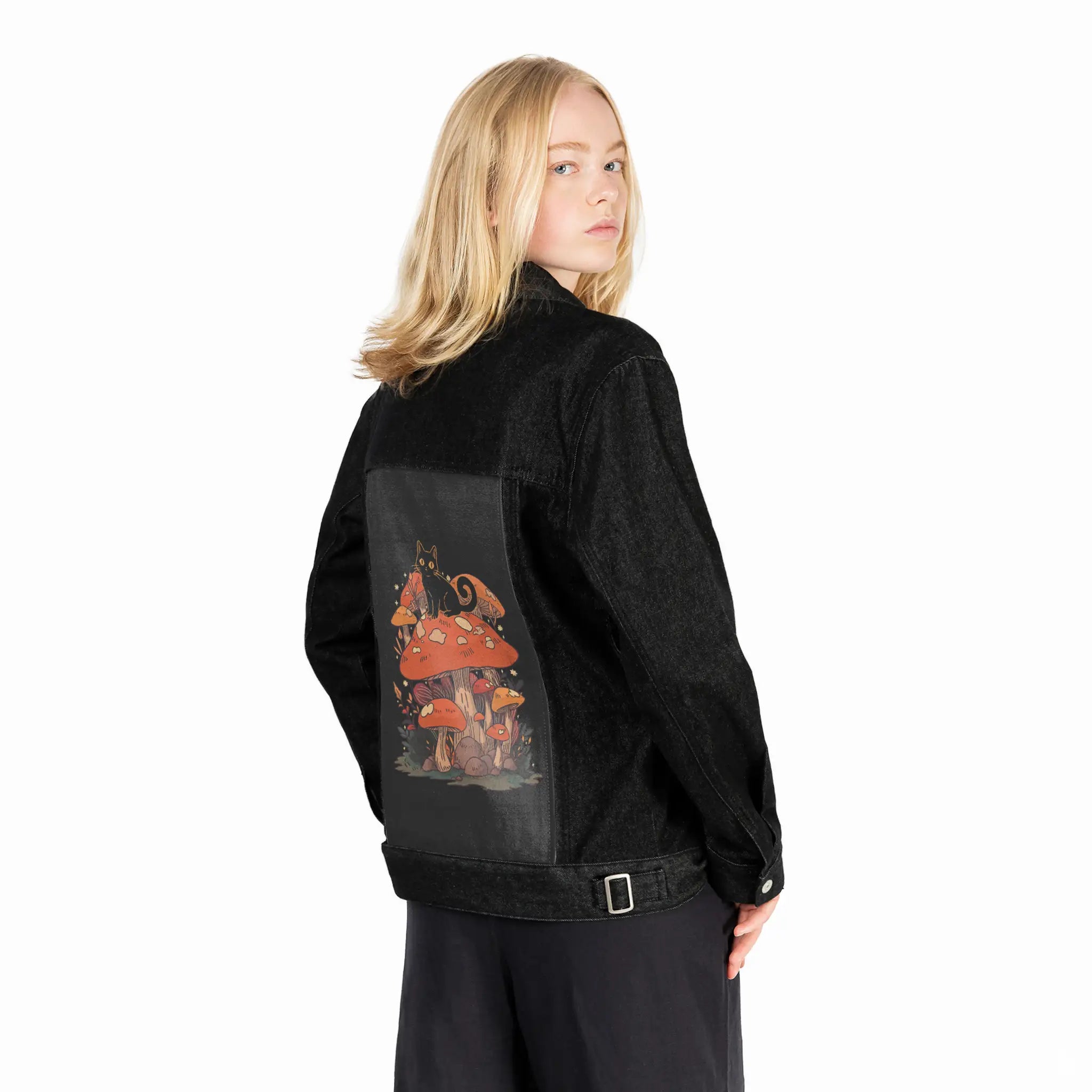 felinefungi patch on female og denim jacket in raven