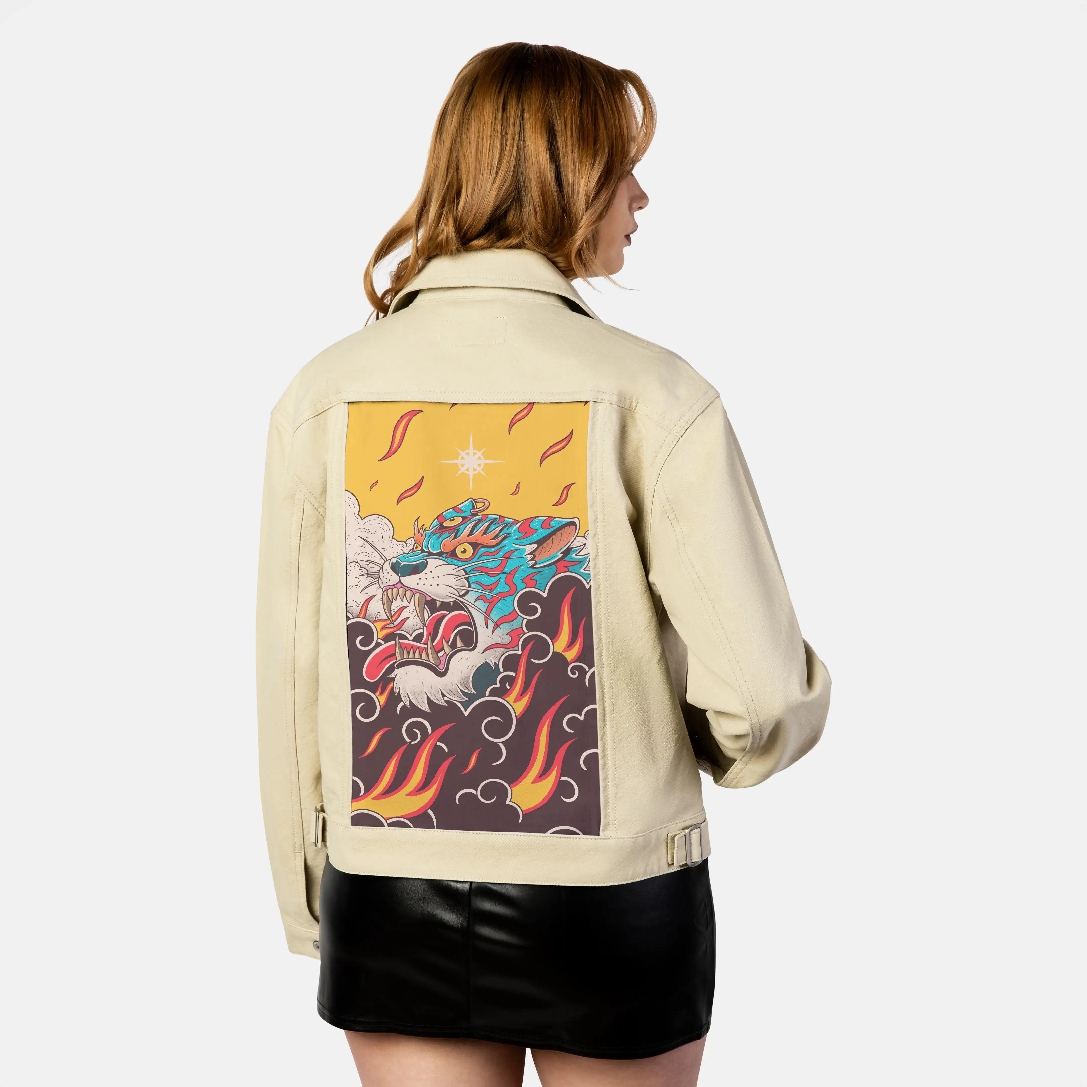 fierytiger patch on female atelier canvas jacket in tan