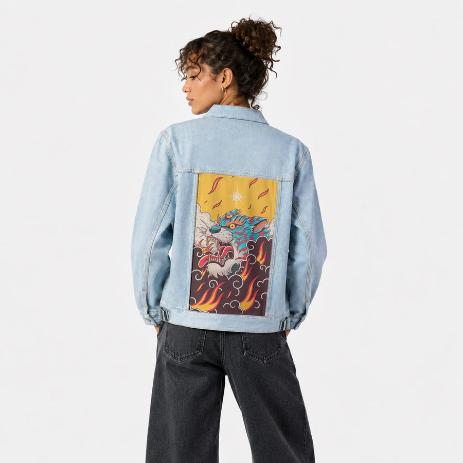 fierytiger patch on female og denim jacket in oceanside