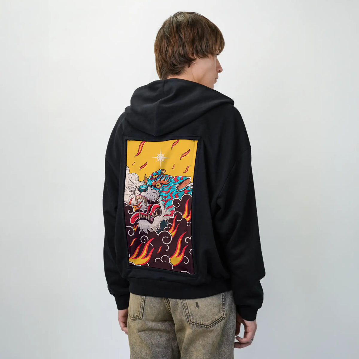 fierytiger patch on male essential zip hoodie in after hours